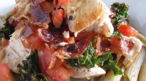 The veggie box kale with pasta, chicken, and bacon