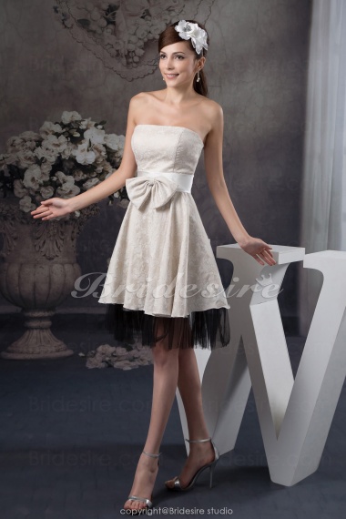 A-line Strapless Knee-length Sleeveless Satin Tulle Bridesmaid Dress