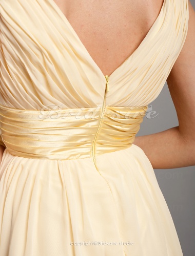 A-line Knee-length Chiffon Elastic Woven Satin V-neck Bridesmaid Dress