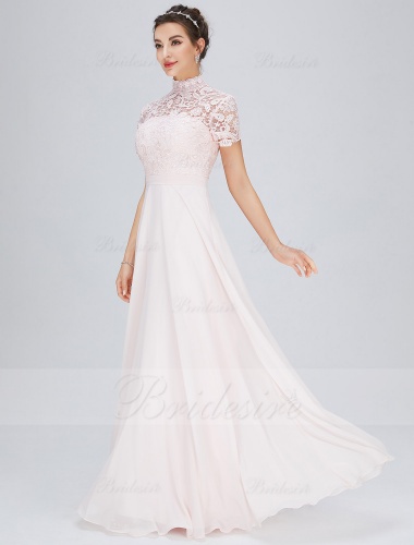A-line High Neck Floor-length Chiffon Bridesmaid Dress with Lace