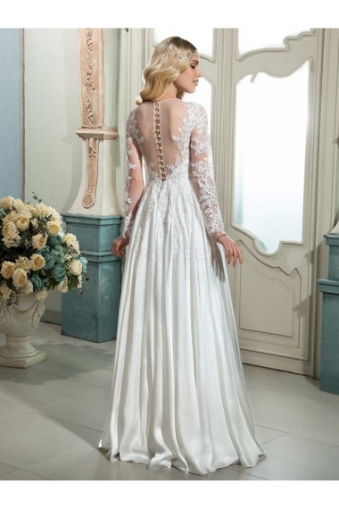 A-line Scoop Long Sleeve Satin Wedding Dress