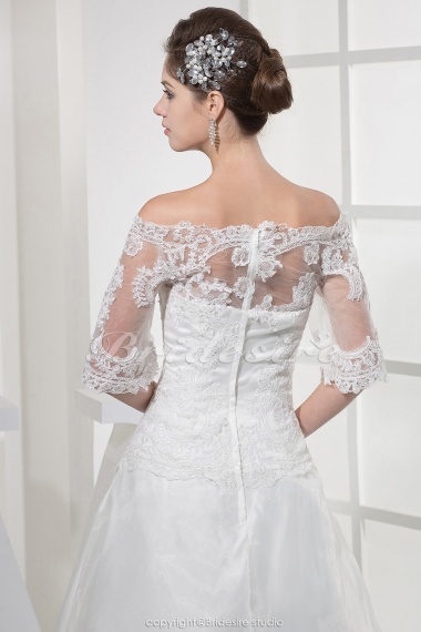 A-line Off-the-shoulder Floor-length Half Sleeve Organza Lace Wedding Dress