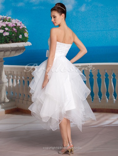 Ball Gown Organza Asymmetrical Strapless Wedding Dress With Removable Cathedral Train