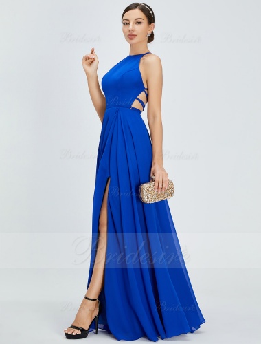 A-line Scoop Floor-length Chiffon Prom Dress with Split Front