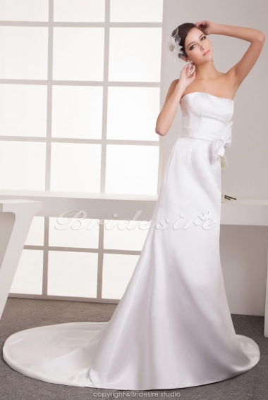 A-line Strapless Floor-length Court Train Sleeveless Satin Wedding Dress