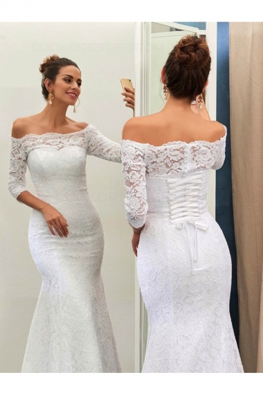 Trumpet/Mermaid Off-the-shoulder 3/4 Length Sleeve Lace Wedding Dress