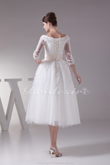 Princess Scoop Tea-length 3/4 Length Sleeve Tulle Satin Wedding Dress