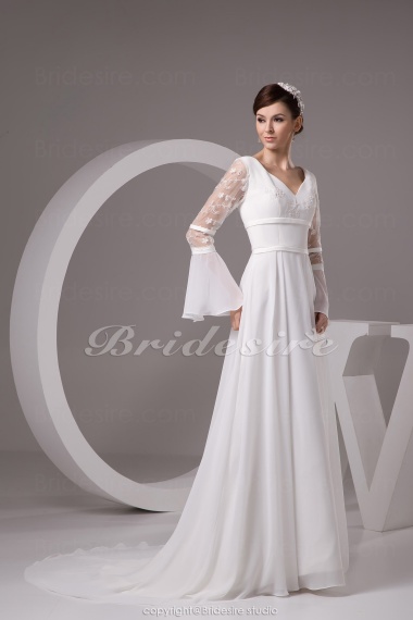 A-line V-neck Floor-length Sweep Train Long Sleeve Chiffon Satin Wedding Dress