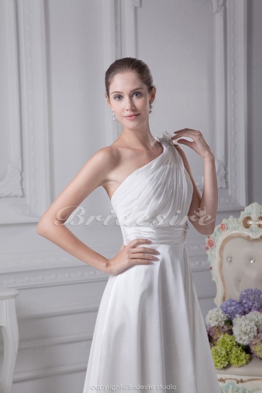   One Shoulder Floor-length Sleeveless Chiffon Stretch Satin Wedding Dress