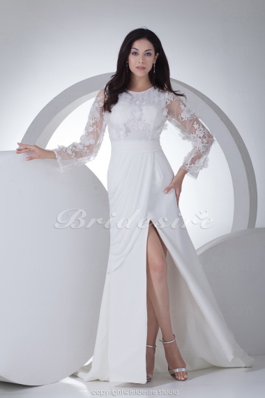 Sheath/Column Scoop Floor-length Long Sleeve Chiffon Lace Wedding Dress