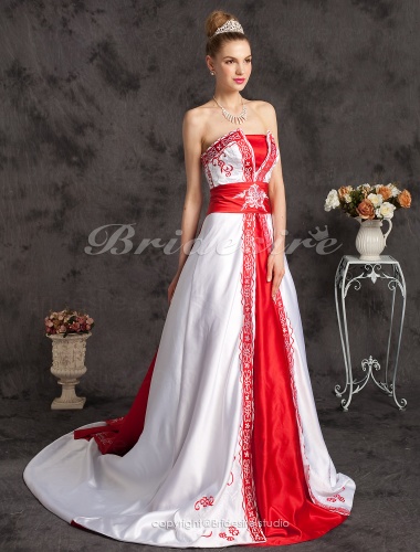 A-line Satin Chapel Train Strapless Wedding Dress With Embroidery