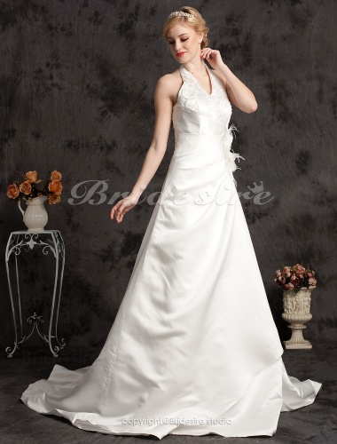 A-Line Satin Halter Plus Size Court Train Wedding Dress