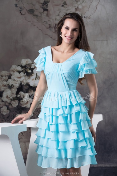 A-line Square Knee-length Short Sleeve Chiffon Bridesmaid Dress