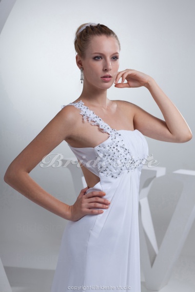 Sheath/Column One Shoulder Sweep/Brush Train Sleeveless Chiffon Wedding Dress