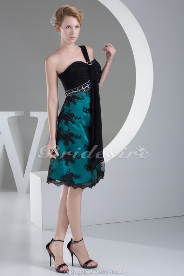 A-line One Shoulder Short/Mini Sleeveless Chiffon Lace Satin Dress