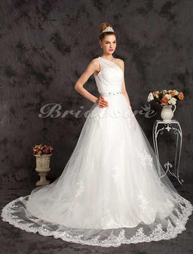 A-line Tulle Satin Court Train One Shoulder Wedding Dress