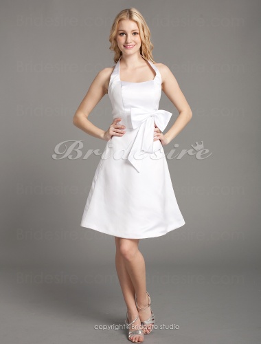 A-line Satin And Organza Asymmetrical Halter Bridesmaid Dress With Bow(s) 