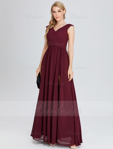 A-line Off-the-shoulder Floor-length Chiffon Evening Dress with Split Front