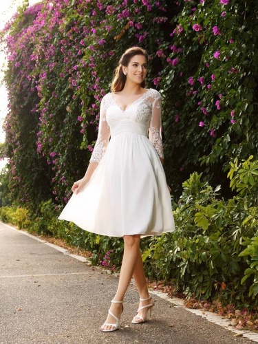 A-line V-neck 3/4 Length Sleeve Chiffon Wedding Dress
