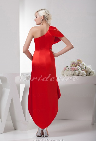 A-line One Shoulder Asymmetrical Short Sleeve Satin Dress