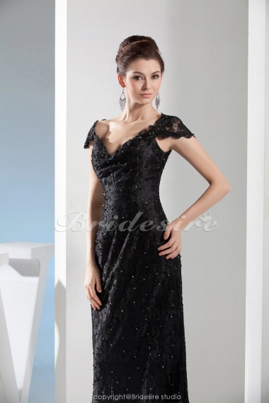 A-line V-neck Floor-length Short Sleeve Lace Dress