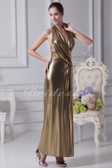 Sheath/Column Halter V-neck Floor-length Sleeveless Stretch Satin Dress