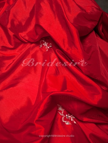 Ball Gown Chapel Train Strapless Taffeta Sleeveless Red Wedding Dress
