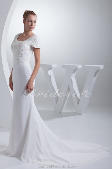 Sheath/Column Scoop Court Train Short Sleeve Chiffon Wedding Dress