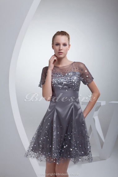 A-line Scoop Short/Mini Short Sleeve Stretch Satin Tulle Dress