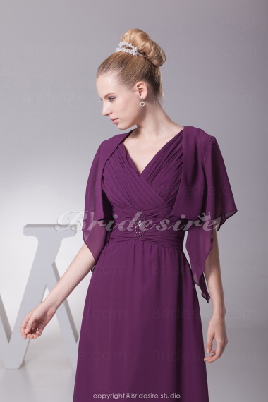 Sheath/Column V-neck Floor-length Short Sleeve Chiffon Mother of the Bride Dress