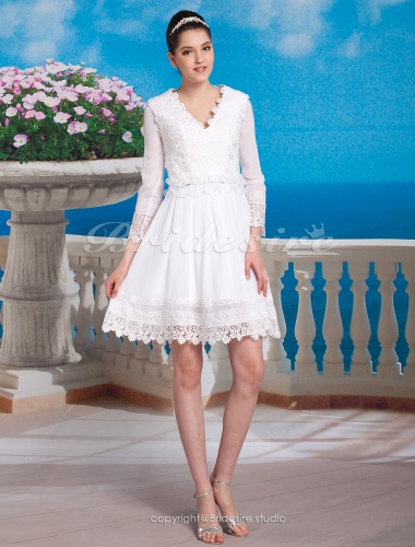 A-line Chiffon Lace Knee-length V-neck Wedding Dress