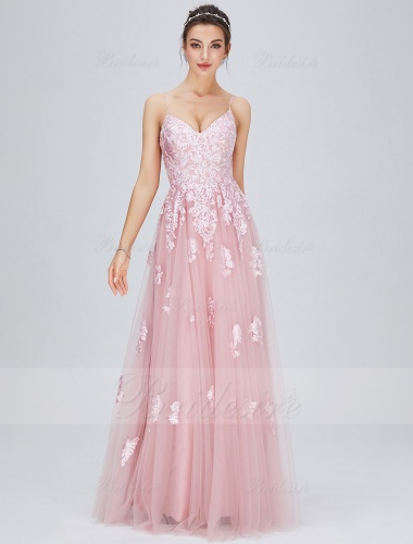 A-line V-neck Floor-length Tulle Wedding Dress with Lace