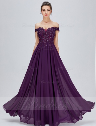 A-line Off-the-shoulder Floor-length Chiffon Prom Dress with Lace