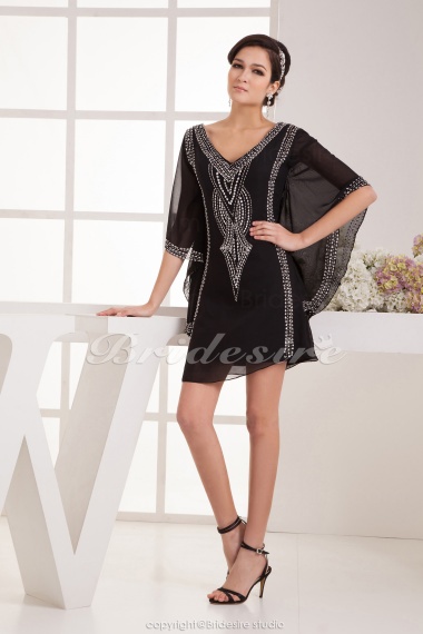 A-line V-neck Knee-length Short Sleeve Chiffon Dress