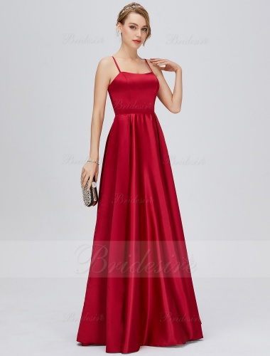 A-line Square Floor-length Sleeveless Satin Bridesmaid Dress