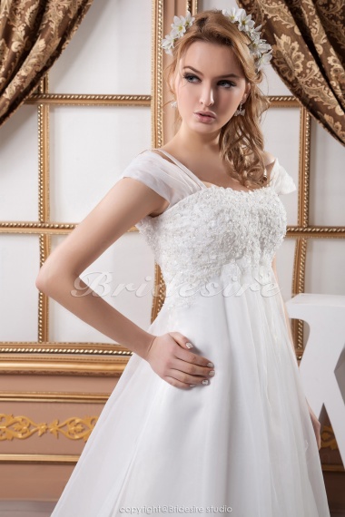 A-line Square Floor-length Court Train Short Sleeve Chiffon Wedding Dress