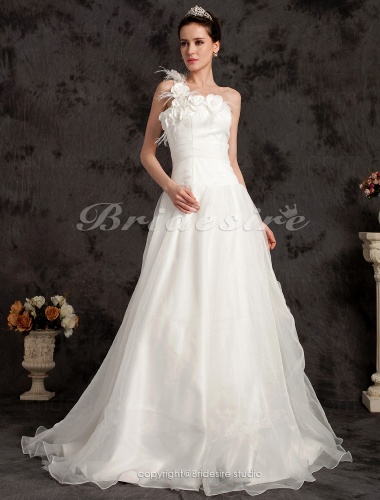 A-line Organza Satin Sweep/ Brush Train One Shoulder Wedding Dress