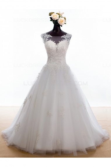 A-line Scoop Sleeveless Lace Wedding Dress
