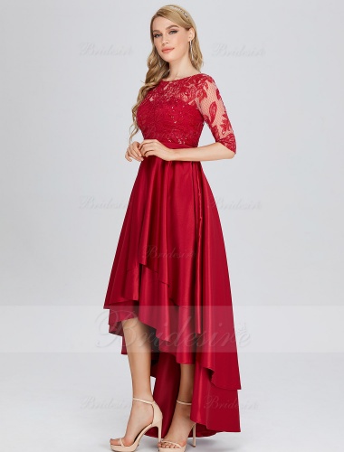A-line Scoop Asymmetrical Satin Evening Dress with Lace 