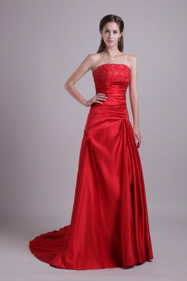 A-line Strapless Sweep/Brush Train Tulle Sequins Prom Dress