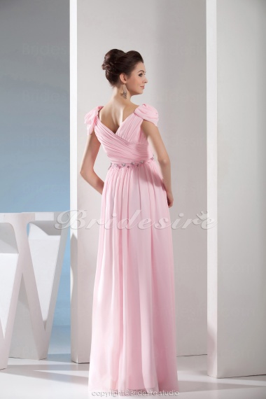 A-line V-neck Floor-length Short Sleeve Chiffon Dress