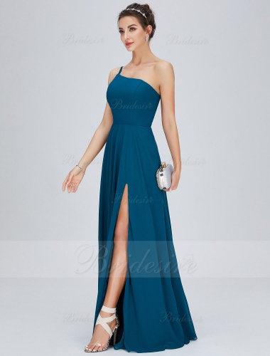 A-line One Shoulder Floor-length Chiffon Prom Dress with Split Front