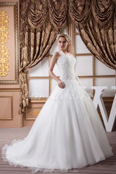 Princess Spaghetti Straps Floor-length Sweep Train Sleeveless Satin Chiffon Wedding Dress