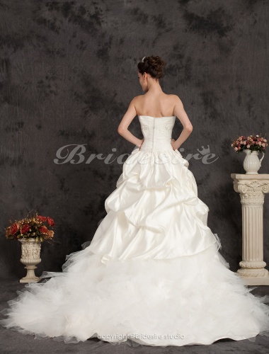 Ball Gown Satin Chapel Train Strapless Tulle Tiered Wedding Dress
