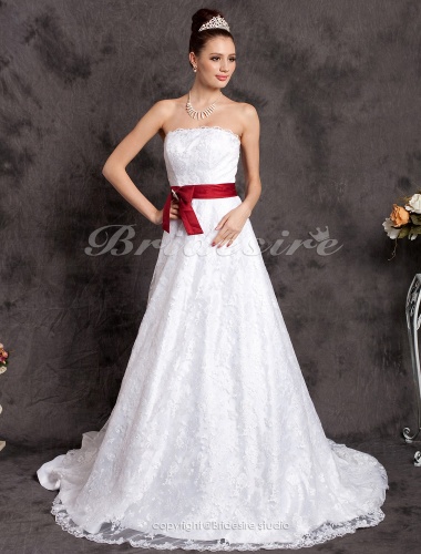 A-line Belt Court Train Lace Satin Sweetheart Wedding Dress