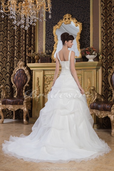 A-line Square Floor-length Sweep Train Sleeveless Organza Satin Wedding Dress