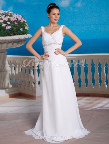 Sheath/ Column Chiffon Lace Floor-length V-neck Wedding Dress