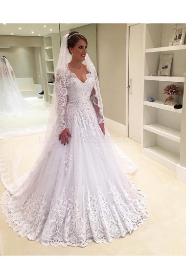 A-line V-neck Long Sleeve Lace Wedding Dress