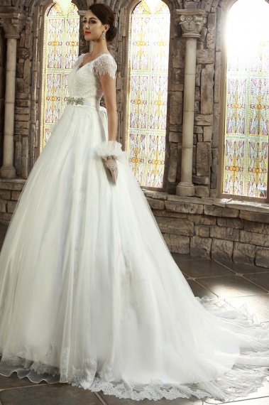 A-line V-neck Court Train Tulle Wedding Dress