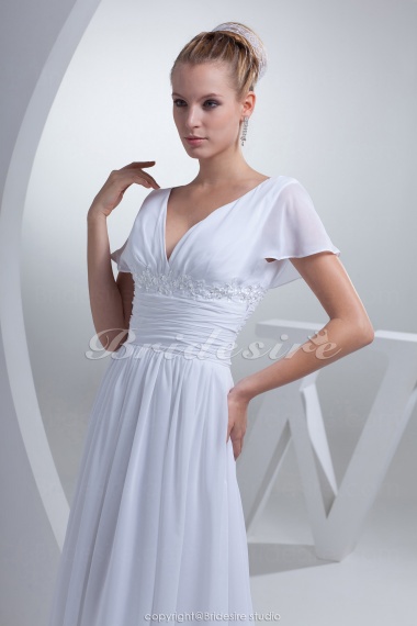A-line V-neck Court Train Short Sleeve Chiffon Wedding Dress